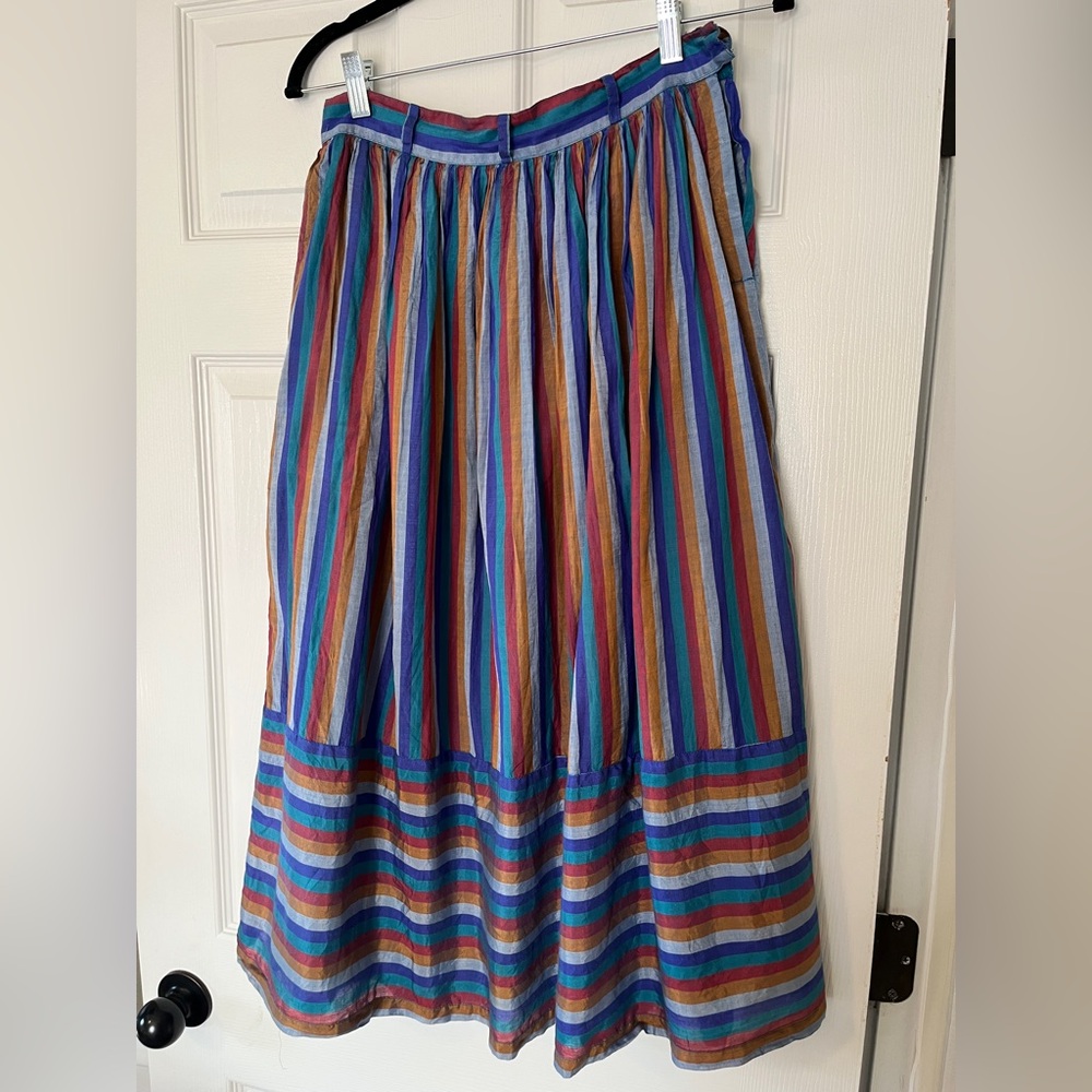 Vintage Silk & Cotton Colorful Striped Button-Up Top & Skirt Set. - Picture 3 of 8